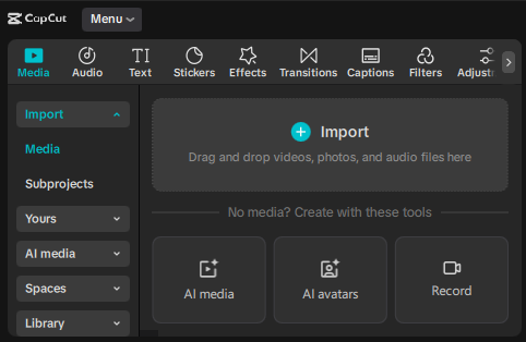 Media panel Image capcut interface