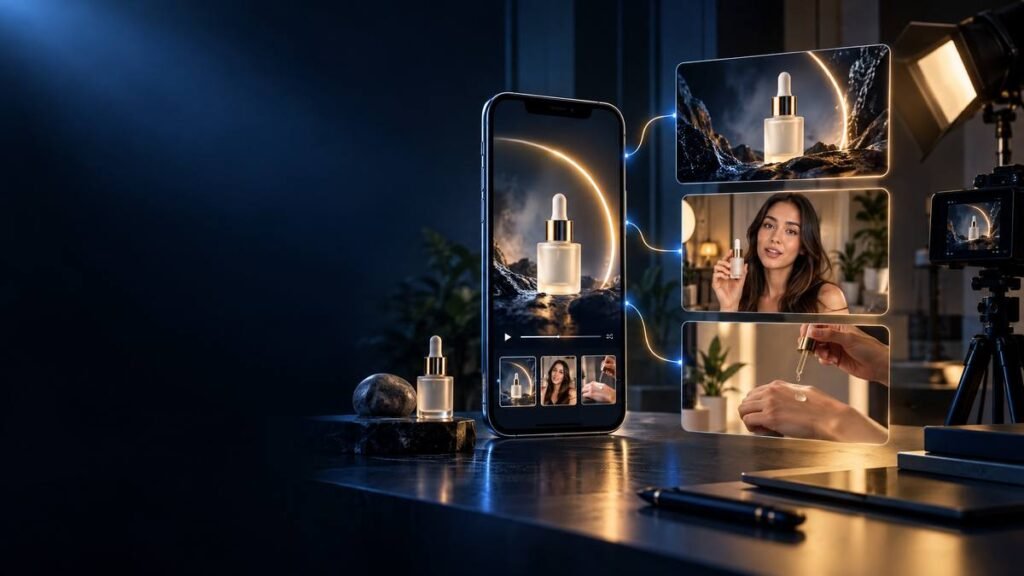 AI ecommerce video ad creative services showing multiple product video formats