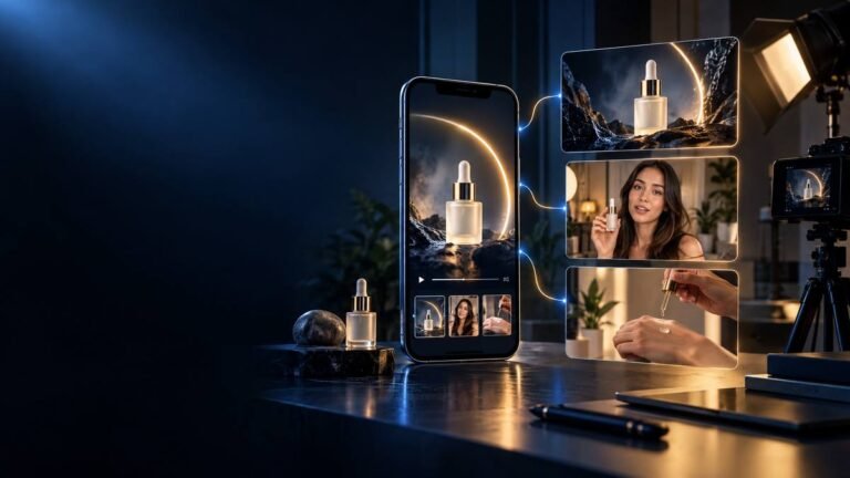 AI ecommerce video ad creative services showing multiple product video formats
