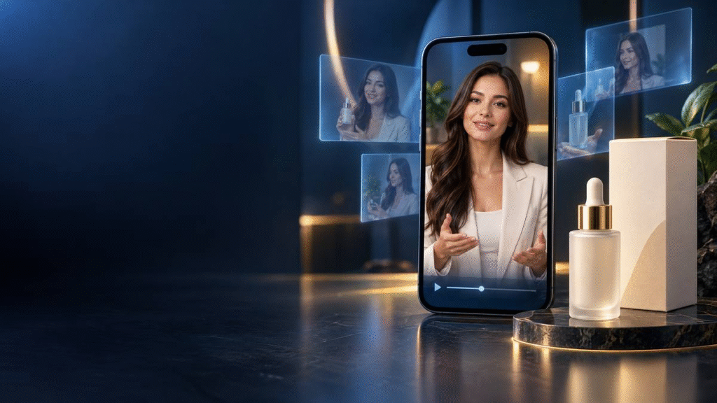 AI spokesperson ads for ecommerce brands explaining a product on a smartphone