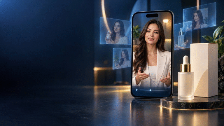 AI spokesperson ads for ecommerce brands explaining a product on a smartphone