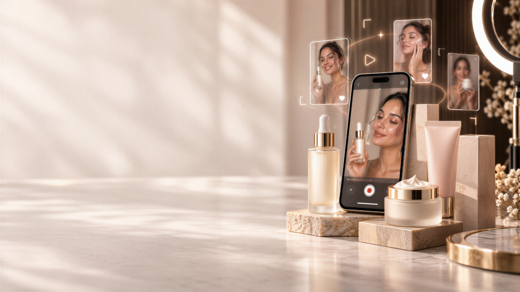 AI UGC ads for beauty brands showing skincare products beside a smartphone