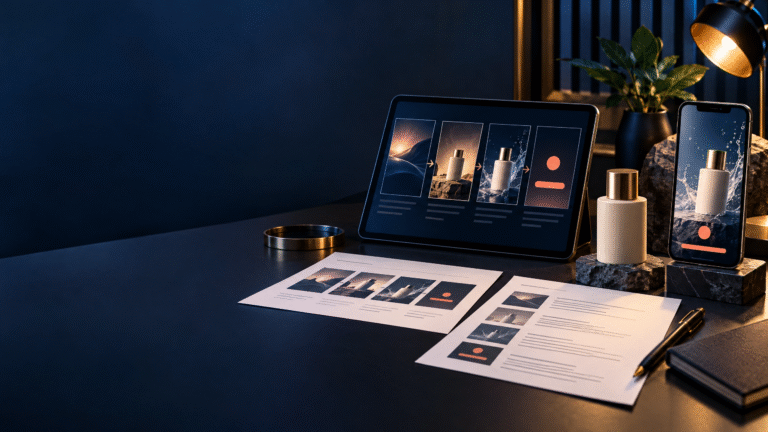AI video ad scripts displayed beside an ecommerce product campaign storyboard
